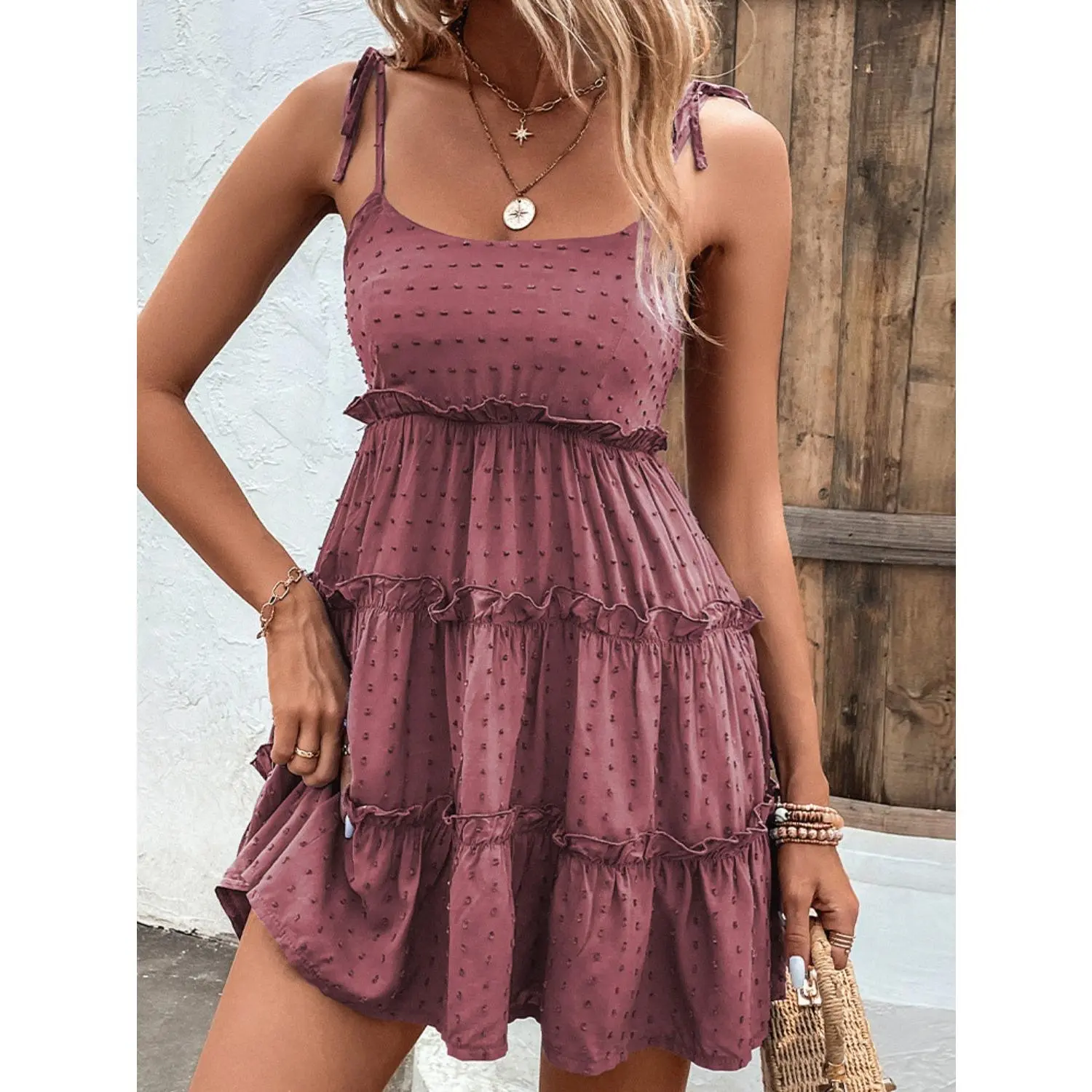 Shiny Frill Spaghetti Strap Tiered Dress Shiny Frill Spaghetti Strap Tiered Dress