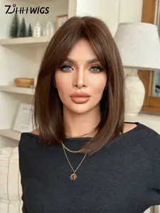 16 Inch Women's Shoulder-length Wig, Chocolate Brown Elegant Straight Hair Short Bob Wig with Bangs, Heat Resistant Synthetic Fiber Full Machine Wigs for Daily Streetwear, Natural Looking Wig
