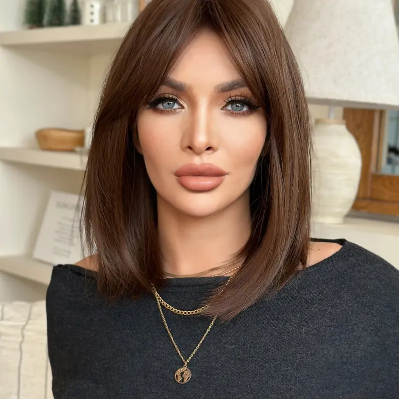 16 Inch Women's Shoulder-length Wig, Chocolate Brown Elegant Straight Hair Short Bob Wig with Bangs, Heat Resistant Synthetic Fiber Full Machine Wigs for Daily Streetwear Heat Friendly Wig