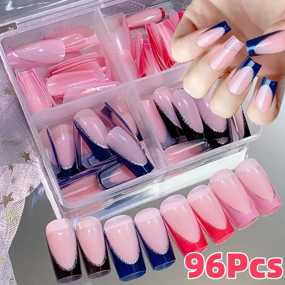 96Pcs Glitter French Ballet Press On Nails Mixed 4Colors Full Cover Long Coffin False Nail Tips Women Detachable Fake Fingertips