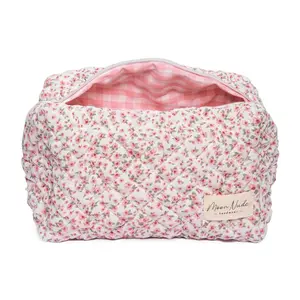 Moon Nude Peony Large Makeup Bag - Multiple Design Collection - Stylish Quilted Floral Pattern with Pink Gingham Interior - Travel Organizer