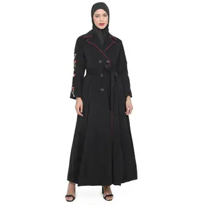 Women's Black Button Down Embroidered Corduroy Abaya