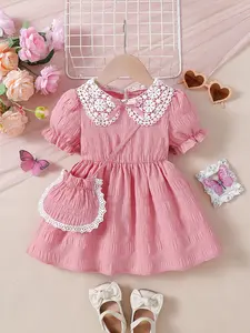 Baby girl summer dress, clothes, pink pleated gauze dress, lace lapel+bow+small shoulder bag, Valentine's Day gift, suitable for birthday parties, family gatherings, summer outings, baby supplies clearance sale, Bombshell baby dress