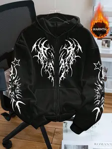 Goth Dark Aesthetic Full-Zip Hoodie Jacket - Retro Distressed Black Oversized Sweatshirt with Abstract Graphic | Unisex Loose Fit Streetwear Outerwear for E-Boy/E-Girl Cozy & Party Night Statement.