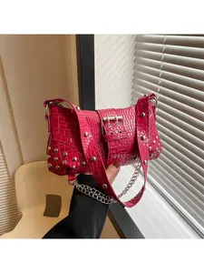 Women's Summer Motorcycle Bag, Sweet Cool Style Underarm Chain Rivet Bag, Commuter Shoulder Handbag for Outdoors