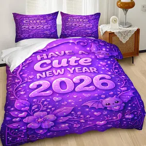 2/3Pcs Vibrant Purple Duvet Cover Set, Cute 2026 Theme Bedding Set, Whimsical Design with Floral and Bat Motifs, Soft Microfiber Material for Cozy Celebrations, Perfect Bedroom Decor!, Includes 1 or 2 Pillowcase - No filling/Zipper Closure