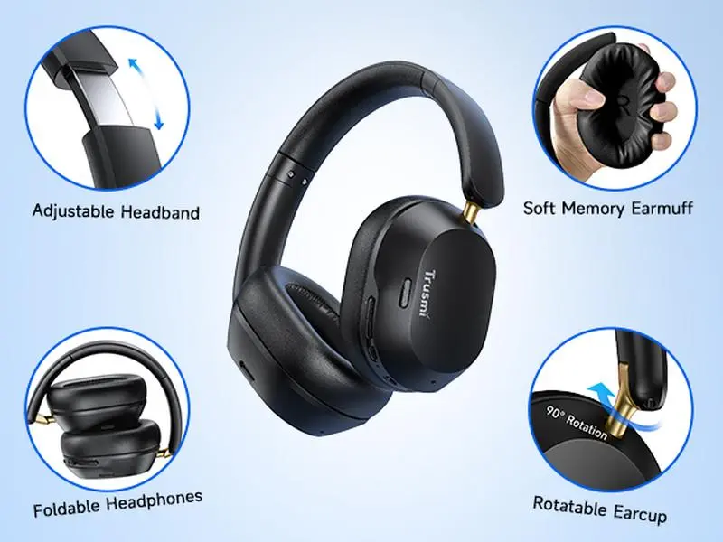 Trusmi Active Noise Cancelling Wireless Headphones - 69H Playtime, Bluetooth 5.4 Hi-Fi Sound Studio Monitor Hybrid ANC