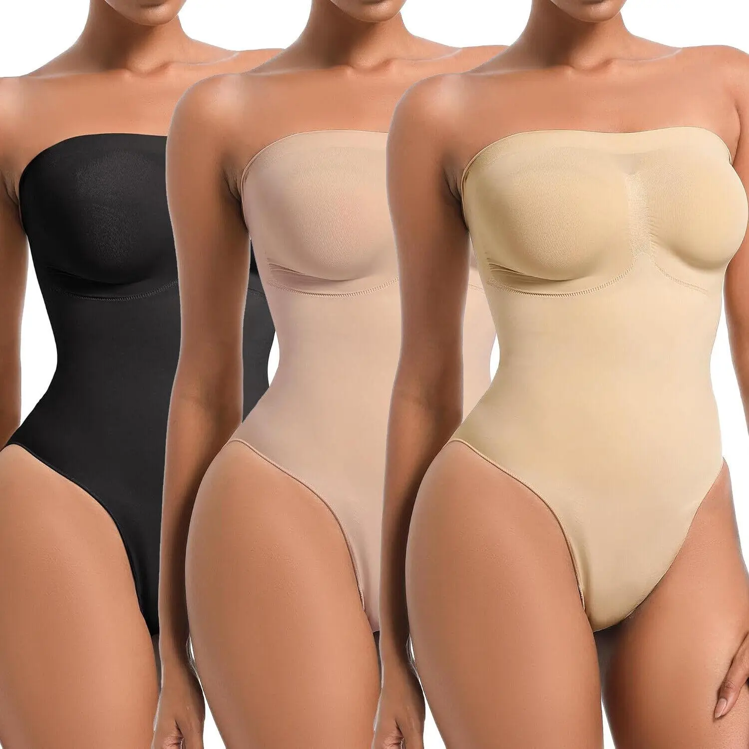 Women's Strapless Ribbed Buckle Bodysuit - Smooth, Minimalist, Comfortable Tummy Control Thong Shapewear for Invisible Support Under Dresses & Casual Everyday Wear, Basic, Adjustable, Bodysuit For Women, Strapless Shapewear Bodysuit