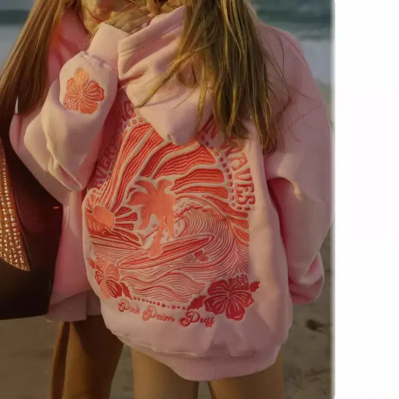 2024 New Women's Drop-Shoulder Sleeve Thread Printed Hoodie