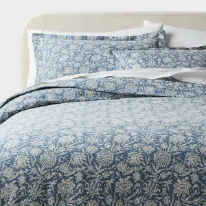 Full/Queen Casual Textured Cotton Printed Duvet Cover and Sham Set Blue - Threshold
