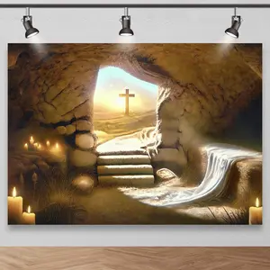 Empty Tomb with Cross in the Distance, Photography Backdrops for Easter and Religious Celebrations