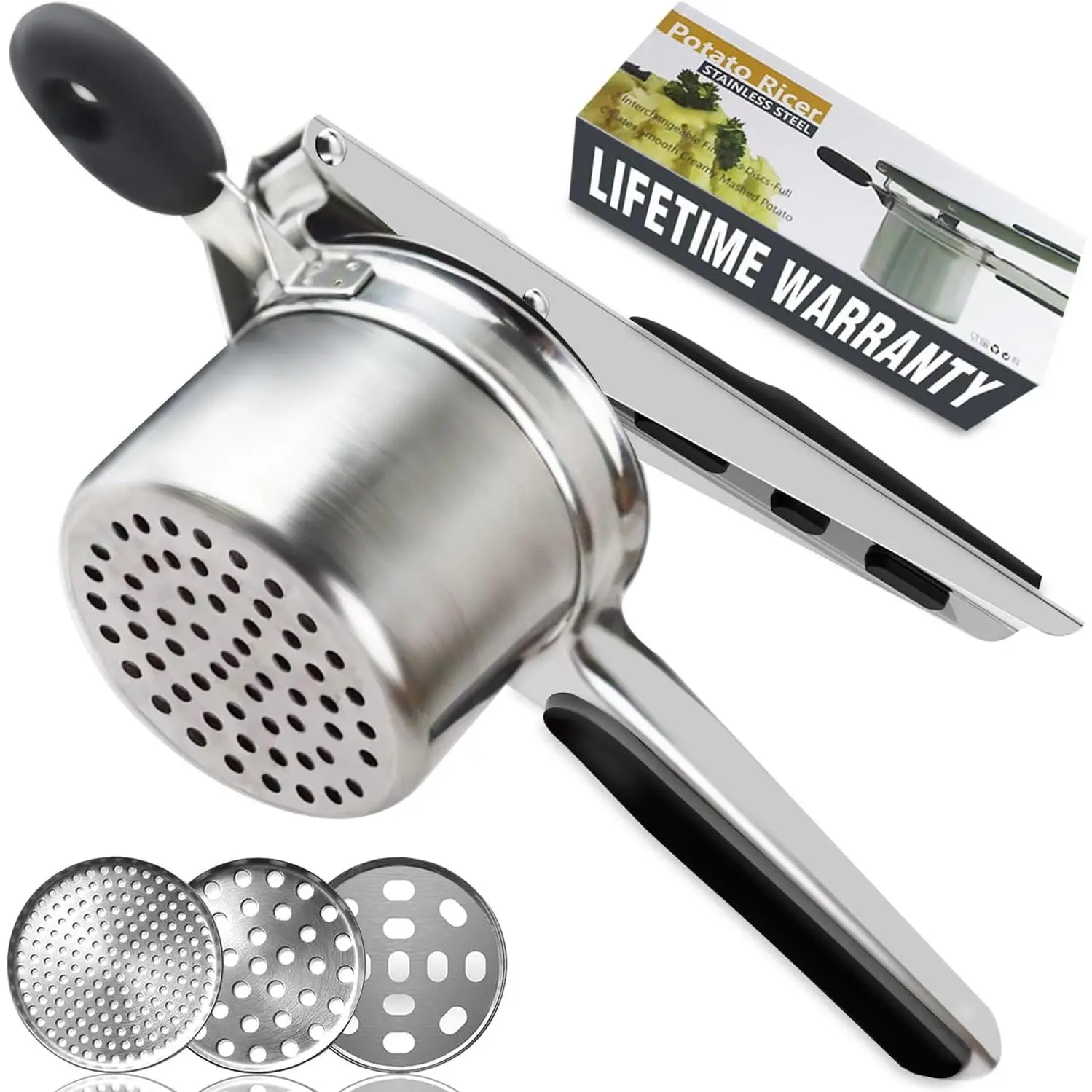 Potato Ricer,  Large 15oz Potato Ricer and Masher Heavy Duty Stainless Steel with 3 Interchangeable Discs for Smooth and Fluffy Mashed Potatoes, Puree, Fruit Juice, Baby Food