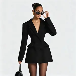 Women's Elegant Business Formal Wear Blazer Dress, Deep V Neck Long Sleeve Cinched Waist, Spring & Fall Office Wear, Plain Style