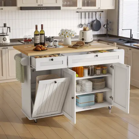 「BlackFriday」ONBRILL 60.2" Wood Countertop Kitchen Island with 2 Large Storage Cabinets, Drawers, Locking Wheels, Power Outlet, Spice Rack, Paper Towel Holder, Kitchenware, Garbage Bin Storage, Adjustable Shelves for Prep+Dinetime