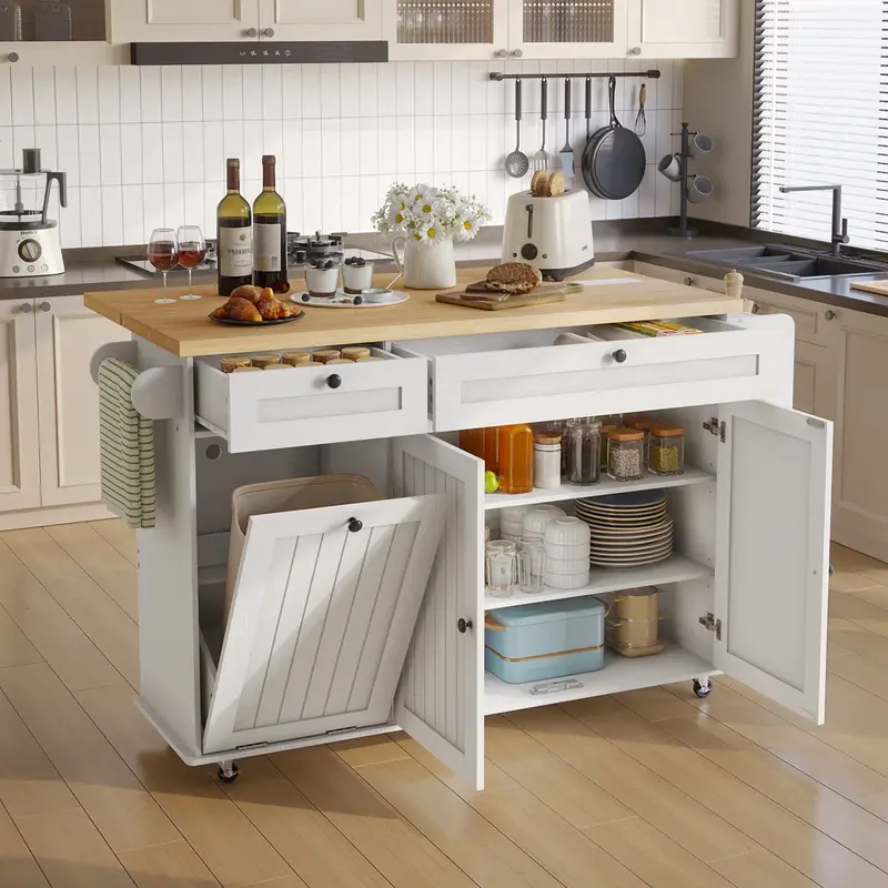 「BlackFriday」ONBRILL 60.2" Wood Countertop Kitchen Island with 2 Large Storage Cabinets, Drawers, Locking Wheels, Power Outlet, Spice Rack, Paper Towel Holder, Kitchenware, Garbage Bin Storage, Adjustable Shelves for Prep+Dinetime