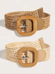 Women's Boho Style Straw Belt & Geometric Design Buckle Belt, Casual Waistband for Jeans, Fashion Belt for Party, Daily Clothing Decor, Trendy All-match & Exquisite Belt for Gift, Straw Woven Belts