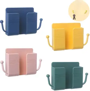 4Pcs Adhesive Wall Mount Phone Holders, Multipurpose Charging/Remote Control Stand with Socket Pocket, Universal Deck Storage Box for Bedroom, Kitchen - Cellphone, Tech Accessories, as shown