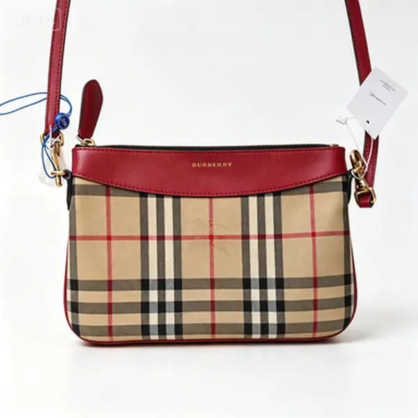 Pre-owned BURBERRY classic vintage check crossbody bag with zip pouch, red leather trim, detachable strap