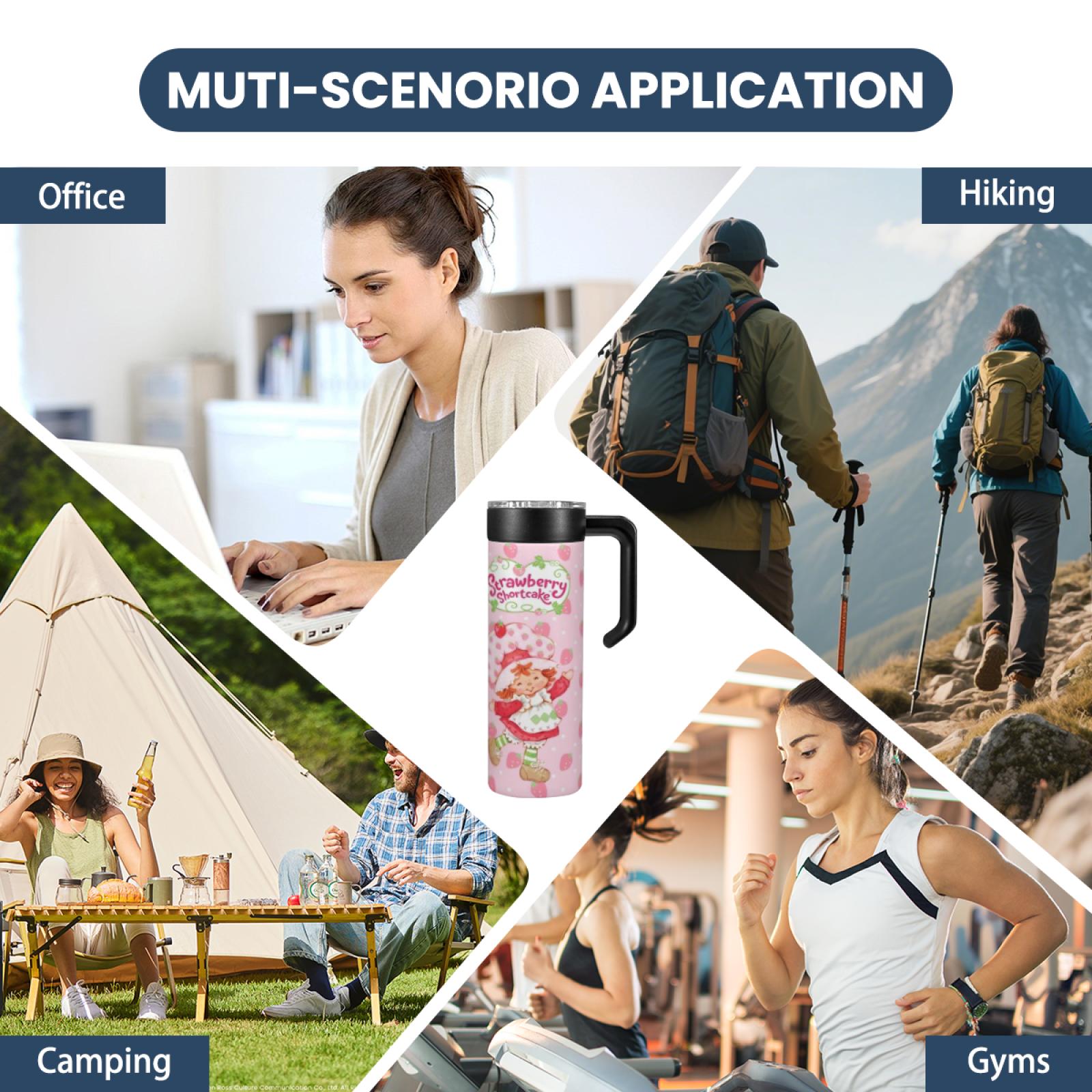 20oz New Stainless Steel Insulated Tumbler Strawberry Shortcake Design with Handle Leak-Proof Lid Portable Water Bottle for Home Office School TikTok Viral Cup Trending Aesthetic Reusable Gift Cute Girls Tumbler