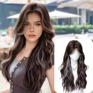 Lotfon Women's non-adhesive synthetic wig, Brown with white highlights big wave style, adjustable head circumference, comfortable fit, easy to wear, lightweight and breathable, instantly changes your style, suitable for daily wear and cosplay.