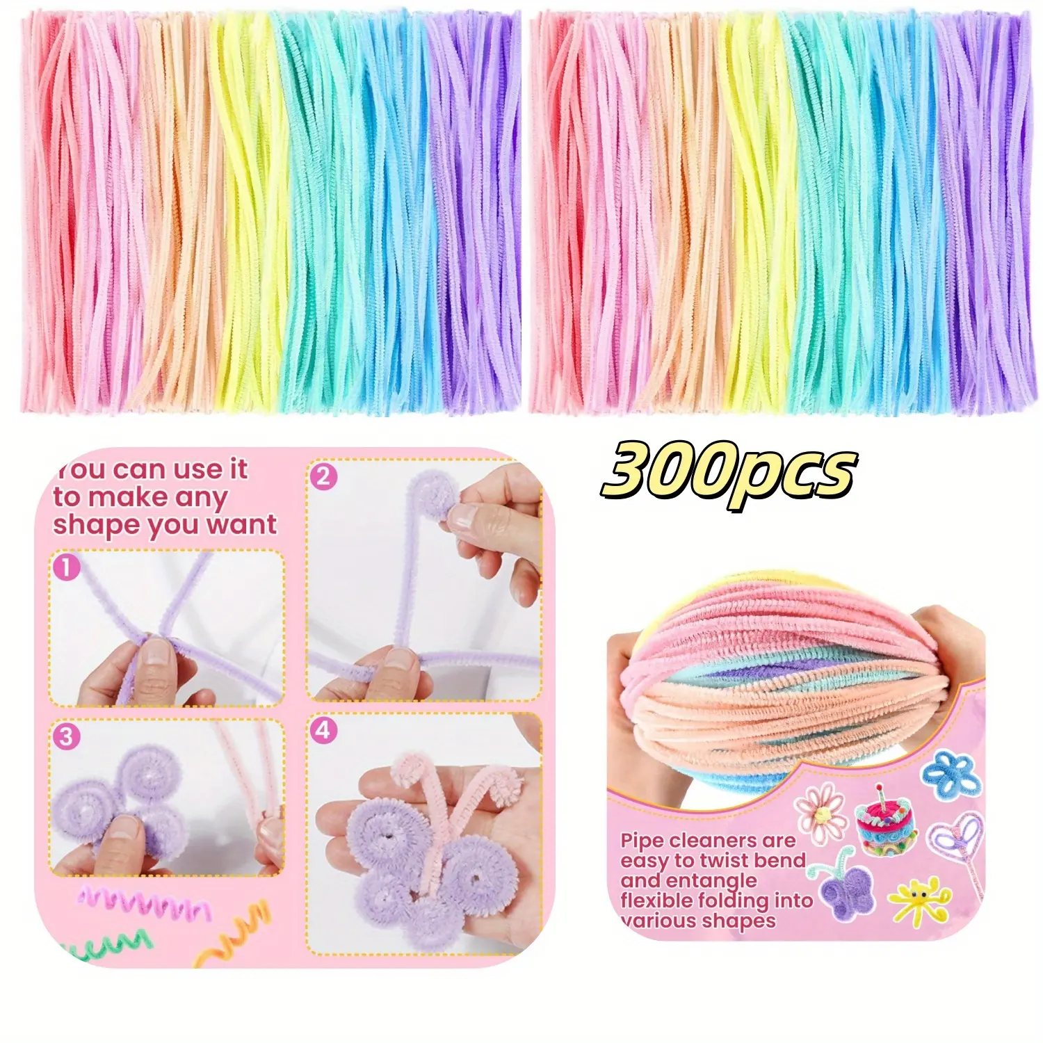 300Pcs Pipe Cleaners Chenille Stem,Pipe Cleaner Crafts,Craft Supplies Bulk for DIY Arts Crafts Project,DIY Hand Tools Kits