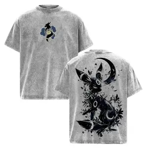 Umbreon T-Shirt – Pocket Monsters Vintage Oversized Heavy Cotton Acid Washed Anime Hoodie, Unisex Streetwear Graphic Top for Fans,Minimal Front Umbreon Cloud Logo Tee,Heavyweight soft grey cotton Eeveelution anime pokemon casual t-shirt