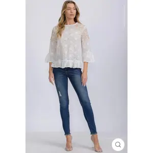 WOMEN'S 3/4 SLEEVE EYELET EMBROIDERY DETAILED BLOUSE