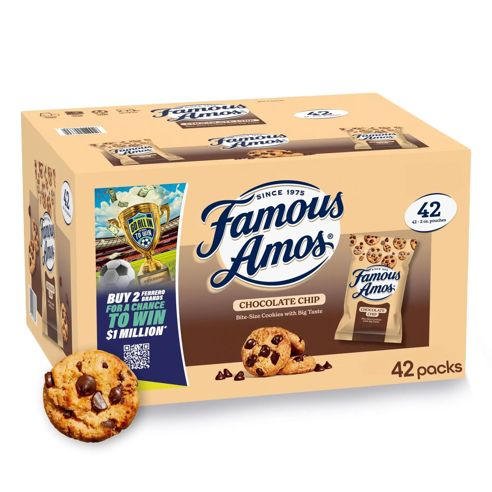 Famous Amos Chocolate Chunk Cookies - 2oz Individually Wrapped Cookies, 42-Pk Convenient Box - Crispy Sweet Treats, Snack Bites for Watch Parties, Cupboard Storage