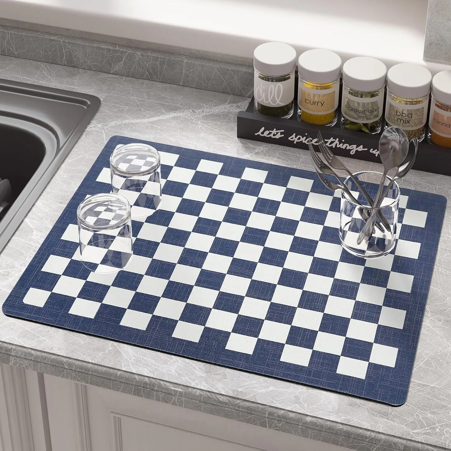 Checkered Plaid Single Dish Drying Mat - Super Absorbent Linen, Heat Resistant, Easy to Clean, Self-Drying Green, Coffee Essential, Kitchen Countertop Decor, Plaid Checked Place Mat Alternative for Family Use
