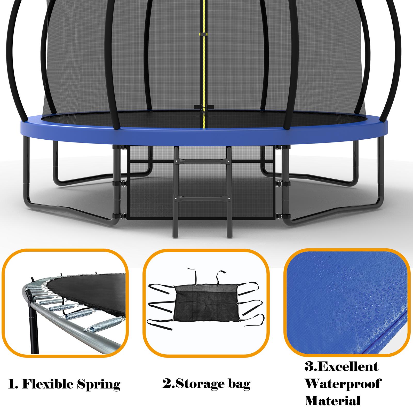 Dufominc 10/12FT Pumpkin Trampoline Outdoor with Basketball Hoop Enclosure Net & Ladder for Kids Fun Play Certified Safe ASTM F381-16 F2225-15 CPSIA Durable Materials UV Resistance Easy Installation