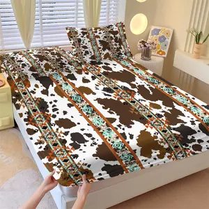 Cow Print Aztec Fitted Sheet Set - 3 Piece Soft Breathable Deep Pocket Bedding with 2 Pillowcases, Western Cowhide Pattern Bed Sheets for Bedroom Decor, Full Size