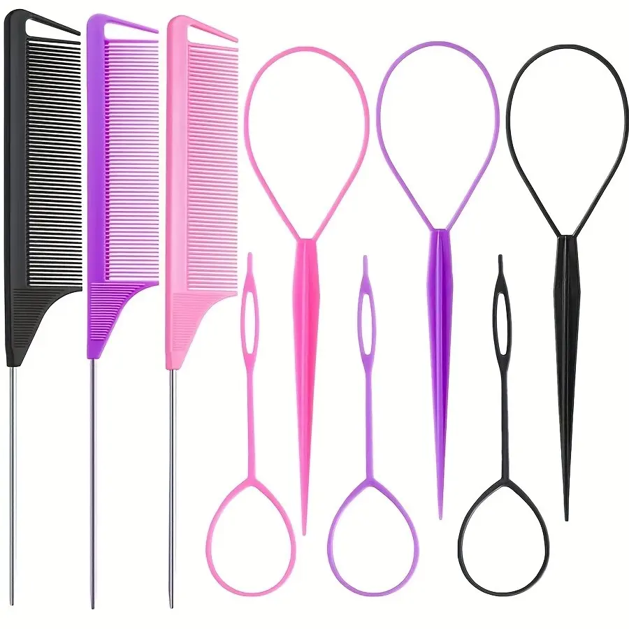 9pcs Hair Tail Tool Set, French Braiding Tools, Metal Split Comb, Hairstyling Kit, Includes Ring and Mouse Tail Comb, Hair Tools for Styling