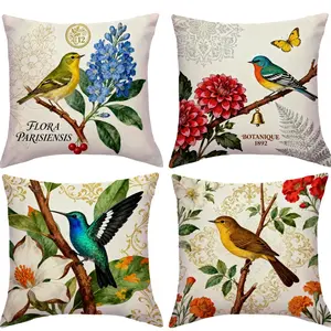 4-piece spring/summer vintage plant and bird pattern throw pillow covers, with zipper closure, machine washable, suitable for living room, bedroom, sofa, car decoration, and seat cushion covers (only includes pillow covers, not including pillow cores).