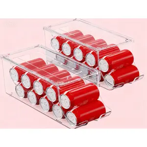 Clear Plastic Stackable Fridge Organizer, Soda Can Dispenser with Lid, Reusable Freezer Storage Bin, Beverage Holder for Kitchen Pantry, Holds 10 Cans Each, Space-Saving Refrigerator Container