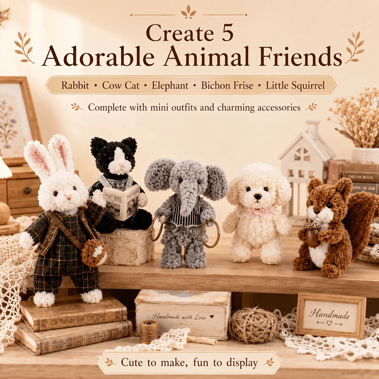 Chenille Stem Animal Craft Kit, 96-Piece DIY Set with Fuzzy Stems, Fabrics, Accessories and Step-by-Step Guide for Handmade Mini Animal Figures and Decor