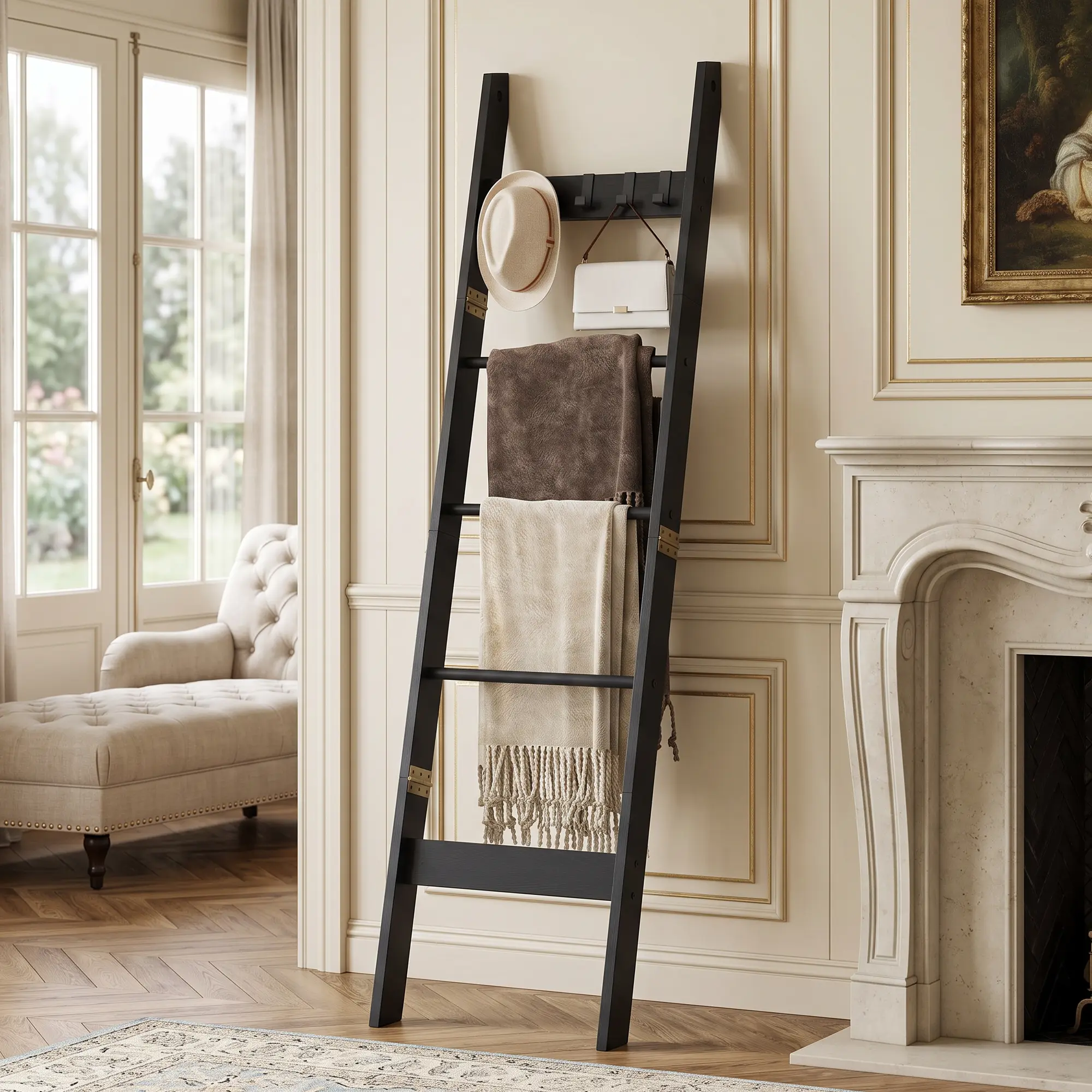 Hzuaneri Blanket Ladder - Farmhouse Indoor Furniture Wall-Mounted Coat Rack with 4 Removable Hooks, Anti-Slip Ft, Pre-Assembled Single Unit for Living Room, Bedroom Organization
