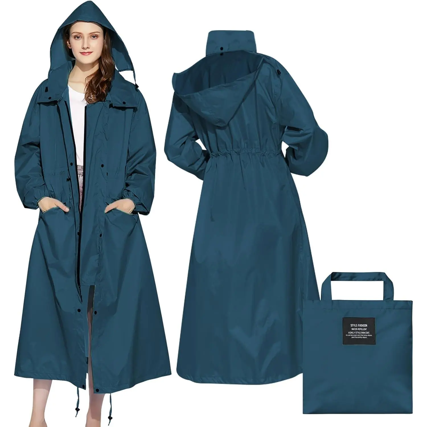 Women's Long Hooded Raincoat - Waterproof Polyester Outerwear, Windproof, Breathable, and Comfortable for Outdoor Hiking, Jacket, Fashion, Slim, Tops, Feminine, Casual, Sports, Rain Coat, Style, Long Sleeve, Festival, Elegant, Adjustable, Lady, Shopping