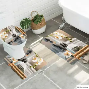 1/3Pcs Zen Orchids Bamboo and Stacked Stones Bathroom Mat Set, Flannel Non Slip Bath Rug, Toilet U-Shape Mat, Toilet Lid Cover, Thickened Soft Absorb Water, Microfiber Surface Memory Foam Cushion, Home Bathroom