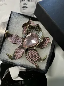 Pink Orchid Brooch with Pink Color Crystals