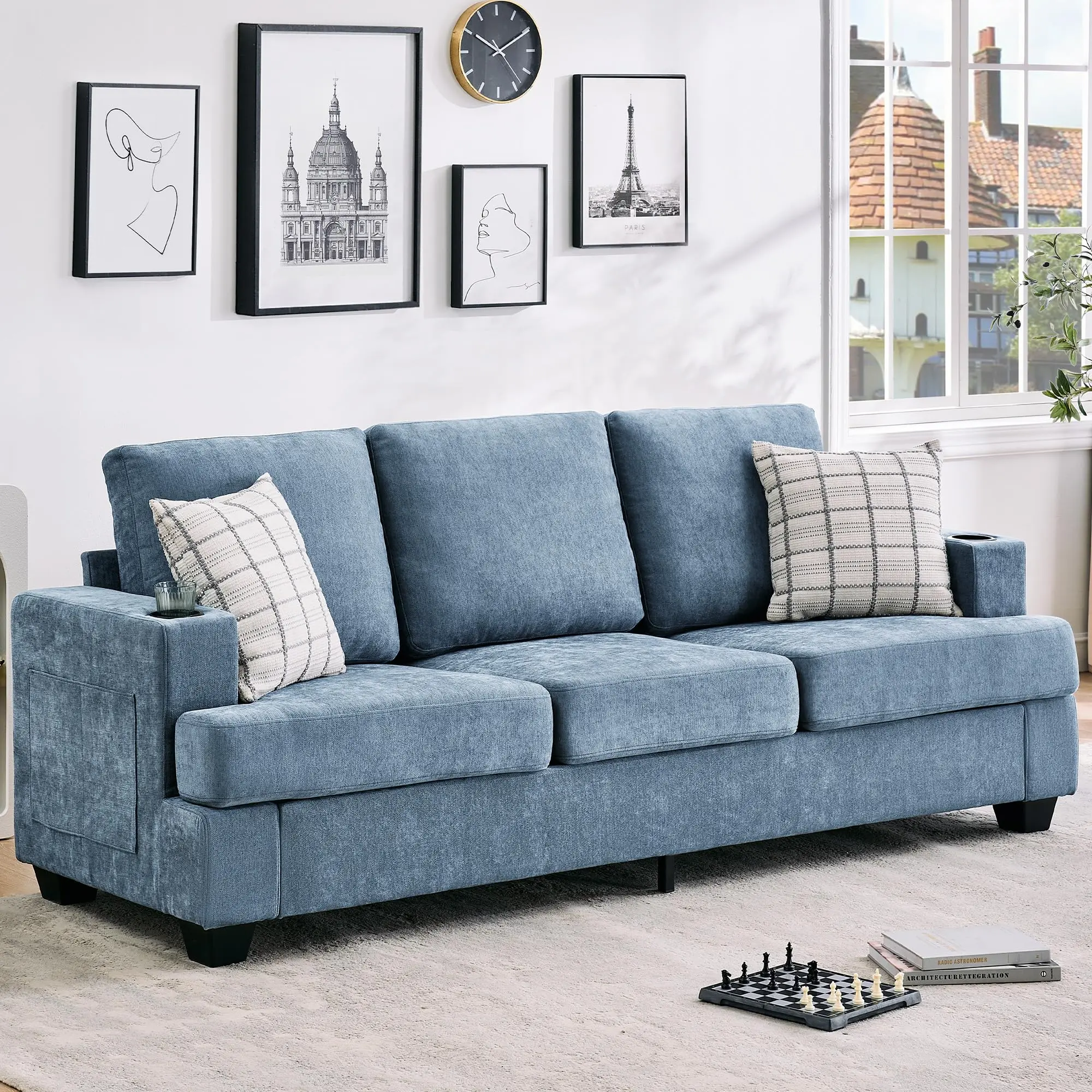 Garvee 89" Modern 3-Seater Sofa for Living Room with Deep Seat, Chenille Upholstery, Cup Holders, and Side Storage Pockets in Blue - Comfortable Couch for Apartment Lounge