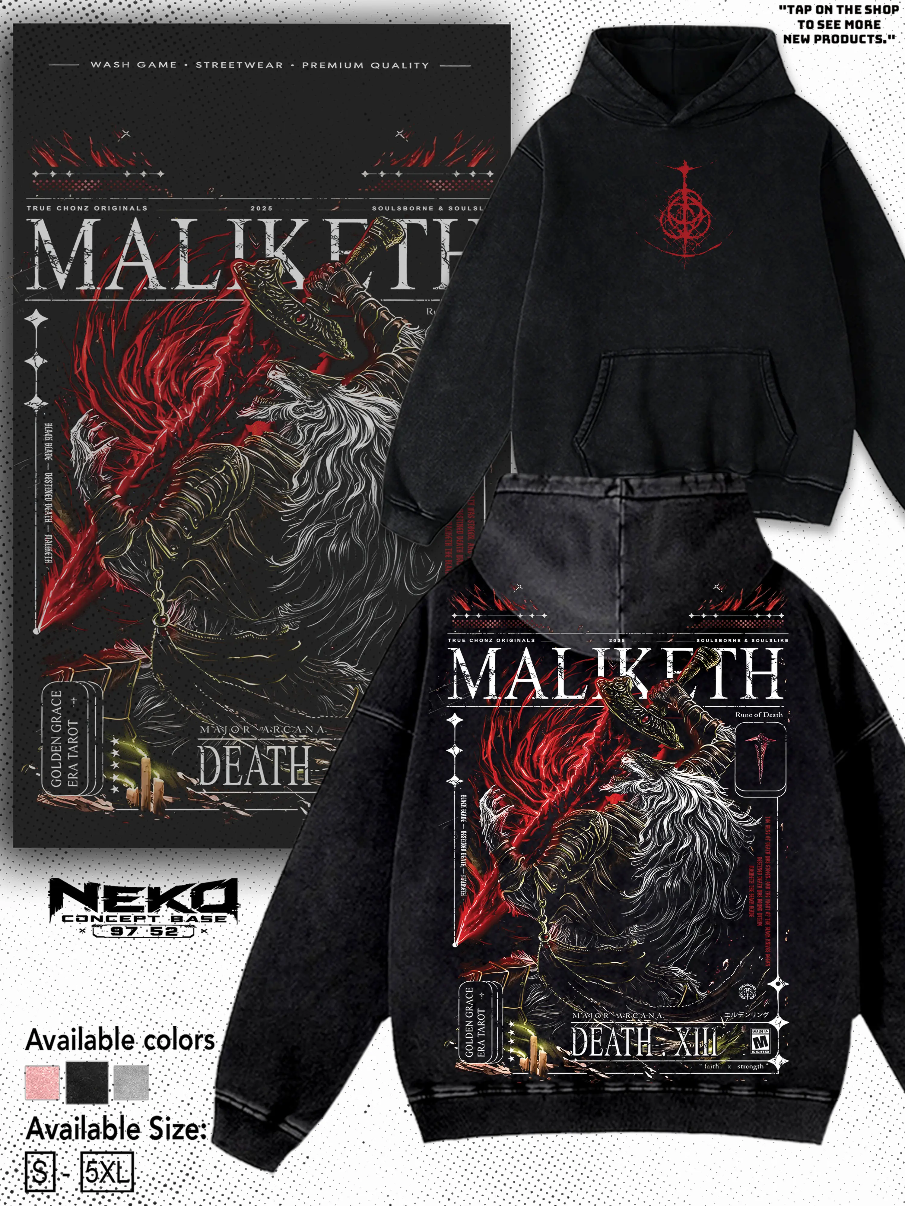 Elden Ring Maliketh Washed Hoodies & Tees, Vintage Graphic T-shirt, Unisex Streetwear Oversized Cotton Loose-Fit Apparel, Gamer Gift Summer Outfits, Trendy Gaming Merch