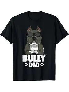 Men'S American Bully Dad T-Shirt| Bully Dog Print Gift For Owners, Casual Round Neck Short Sleeve Tee, Suitable For Parties, Daily Wear & Street Style, American Bully Apparel For Holidays And Eve, Vintage Style, Crew Neck, Slight Stretch Fabric