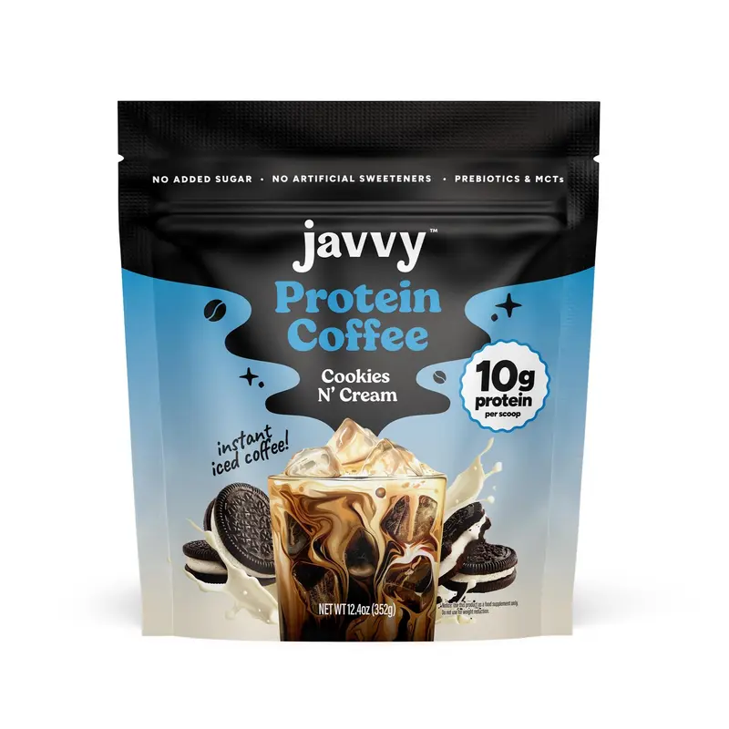 Javvy Cookies N’ Cream Protein Iced Coffee Beverage - Premium Whey Protein, Instant Iced Coffee, 100% Natural Cold Brew - 0 Artificial Flavors, 0 Artificial Sweeteners, 80 mg Caffeine, No Added Sugar, 20 Servings