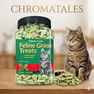 CHROMATALES Feline Grass Treats - Salmon Flavor Cat Snacks with Catnip, Hairball Control & Dental Support, Crunchy Training Treats for All Breeds
