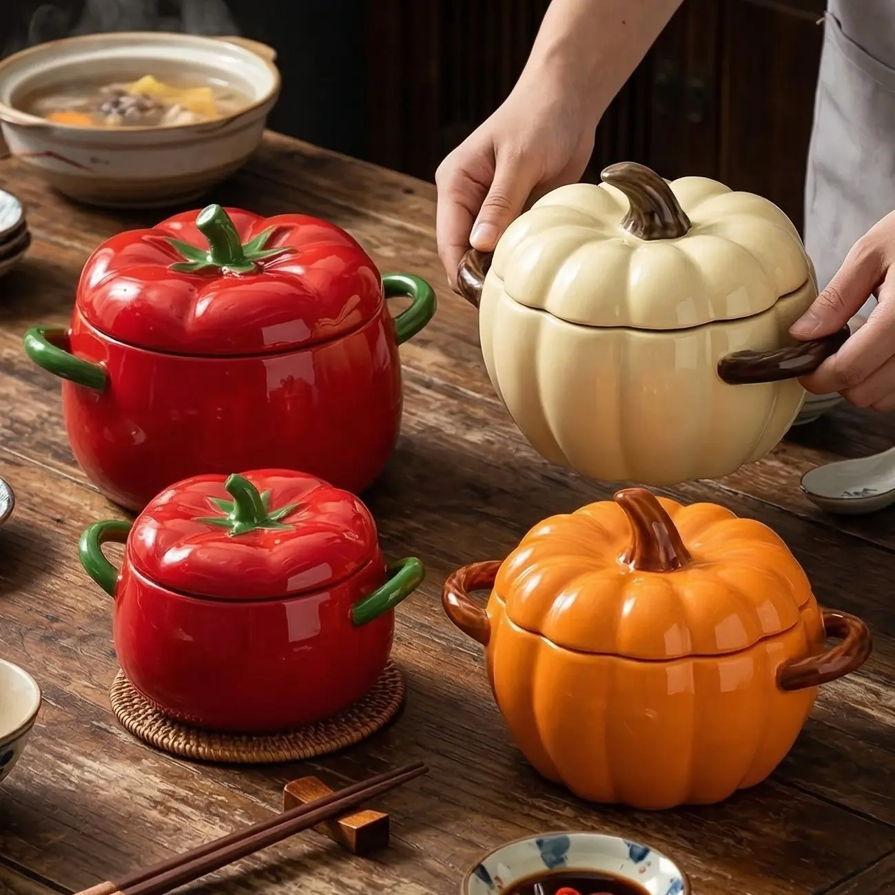 HongDian Tomato Pumpkin Shaped Ceramic Casserole Pot Series,Optional 8/10 in Lidded Serving Bowl,Red Orange Yellow Pink White,Premium Ceramic,Novelty Vegetable Design,Oven Microwave Dishwasher Safe,Stew Pasta Meal Serving,Fall Kitchen Gift Decor