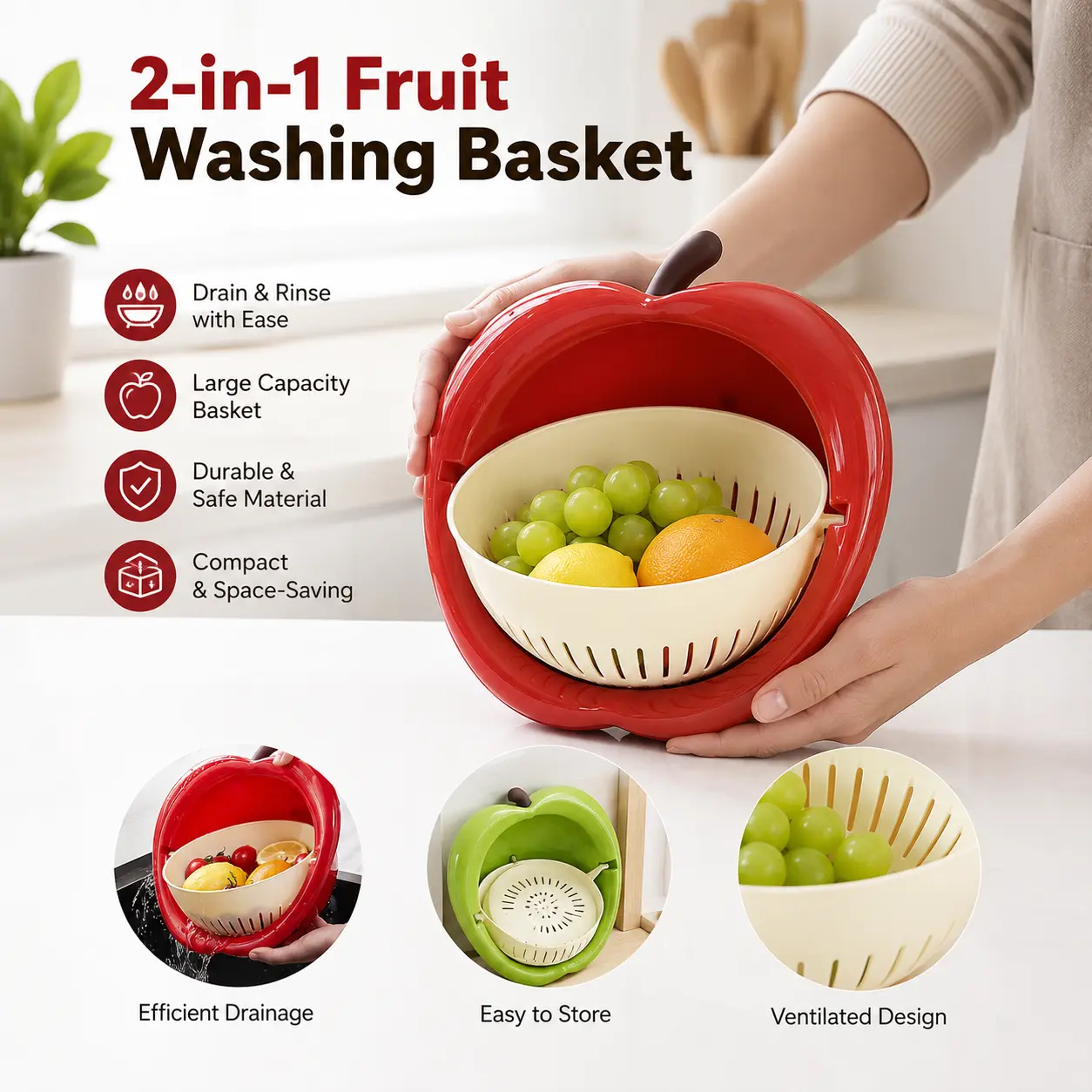 1 Count, Apple Shaped Double Layer Colander Set, Detachable Perforated Design, for Kitchen Washing Fruits and Draining Vegetables