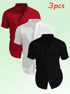 3-Pack Men's Summer Short Sleeve Shirts, Plain No Print Design, Lightweight Breathable Stand Collar Button Shirt, Ideal for Beach Pool