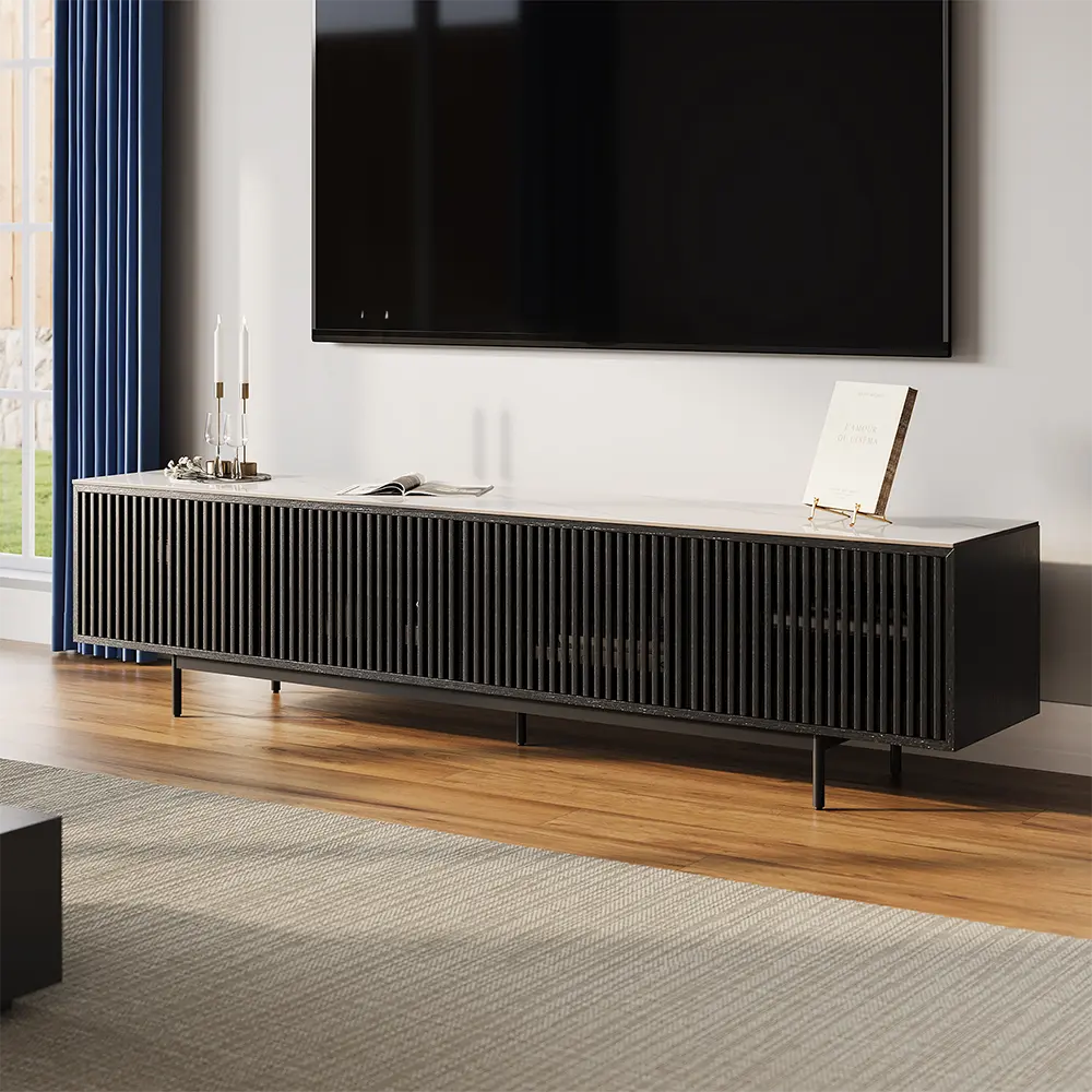 94.49"Mid-Century Modern Glossy Sintered Stone Tabletop TV Stand,Slatted Door TV Console, Black Media Console