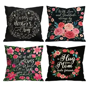 Happy Mother's Day Gifts Throw Pillow Covers Set of 4 | Black Chalkboard Floral With Love and Gratitude Hug From Mom Cushion Covers For Mom Sofa Couch Home Decor 0422YI