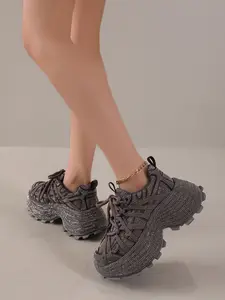 Women's Rhinestone Thick Sole Sports Shoes, Fashionable Height Increase, Durable Anti-Slip Design, Perfect for Spring & Fall, Height Increasing Sneakers